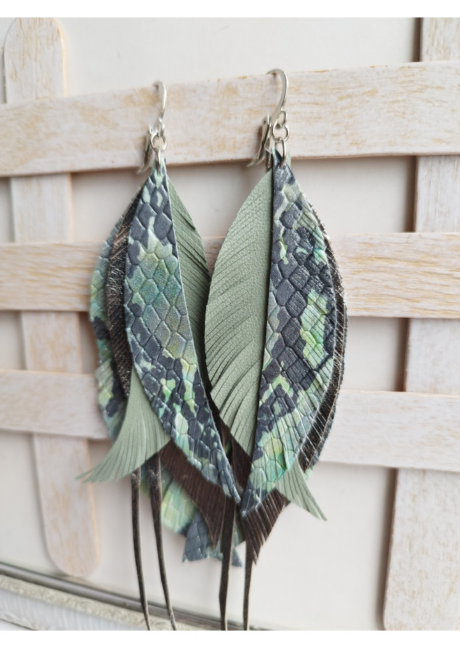 animal print  long feathers earrings genuine leather jewelry  