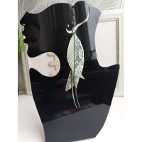 Green snake long feathers earrings , genuine leather jewelry 