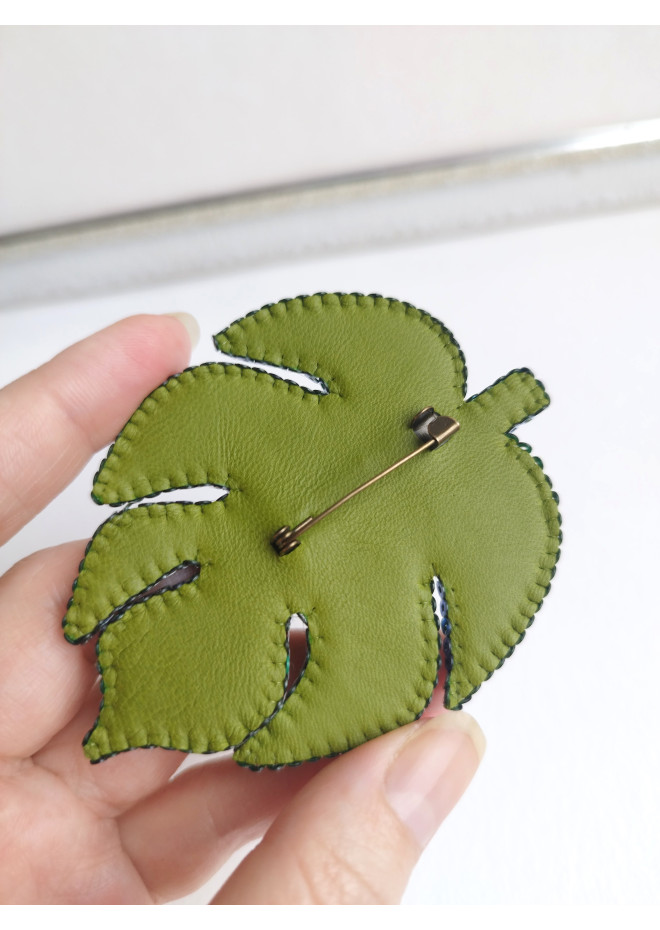 beaded embroidery brooch green monstera