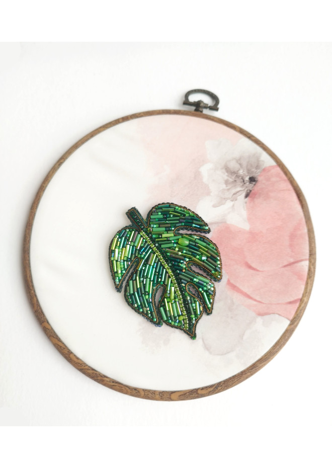 beaded embroidery brooch green monstera