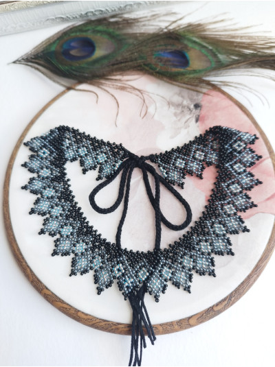 Black gray beaded choker necklace, traditional Ukrainian beaded sylyanka.