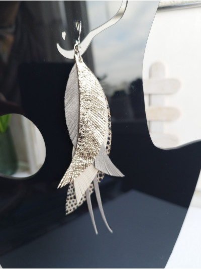 Tan Beige Leather Feather Earrings: Long Bohemian Earrings