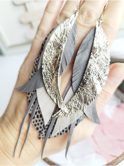 Tan Beige Leather Feather Earrings: Long Bohemian Earrings