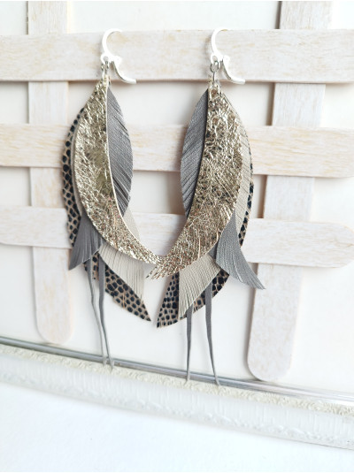 Tan Beige Leather Feather Earrings: Long Bohemian Earrings