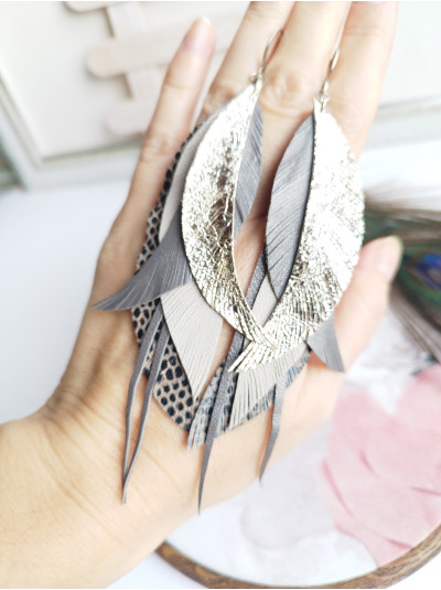 Tan Beige Leather Feather Earrings: Long Bohemian Earrings