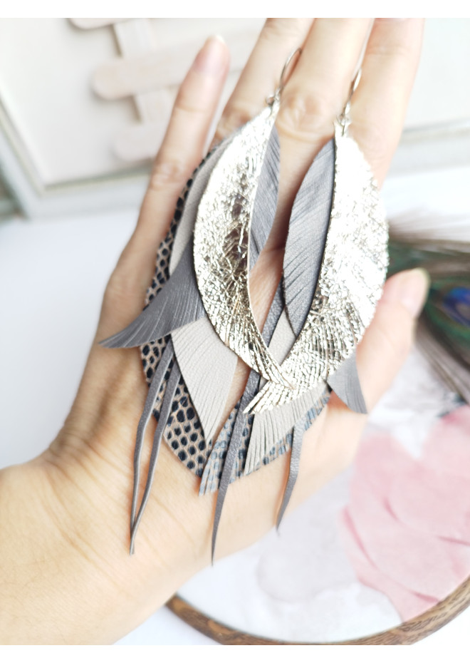 long leather feather earrings genuine leather jewelry 