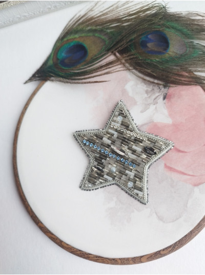 Gray Beaded Star Brooch: Seed Bead Embroidery Jewel Pin