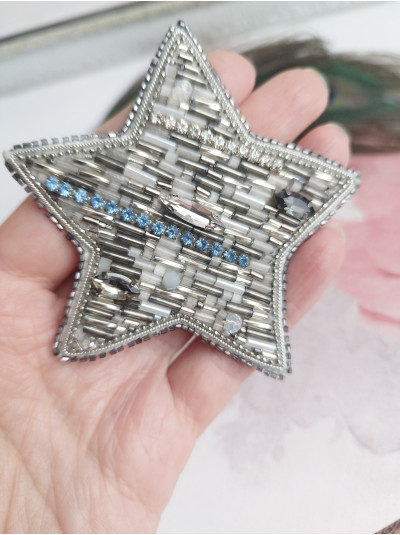Gray Beaded Star Brooch: Seed Bead Embroidery Jewel Pin