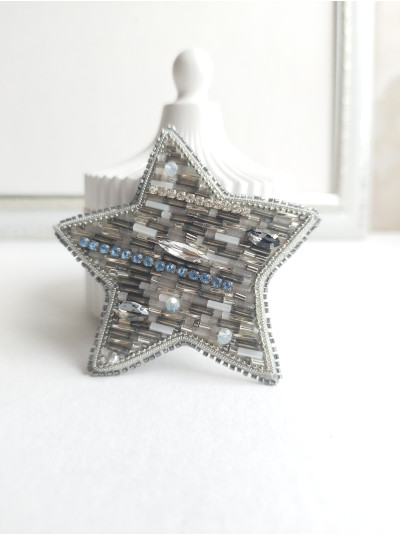Gray Beaded Star Brooch: Seed Bead Embroidery Jewel Pin