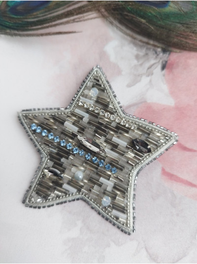 Gray Beaded Star Brooch: Seed Bead Embroidery Jewel Pin