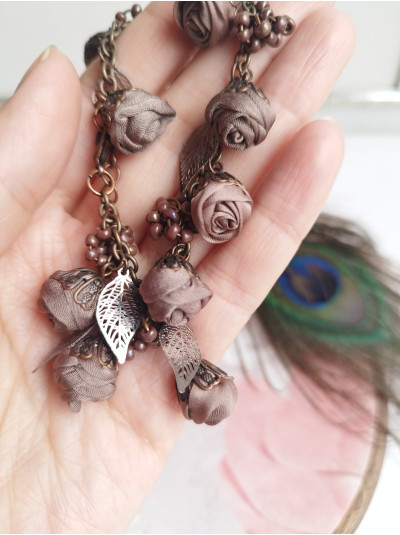  Brown texlile beaded bracelet, flower charm handmade bracelet 