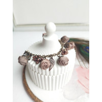  Brown texlile beaded bracelet, flower charm handmade bracelet 