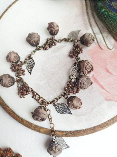  Brown texlile beaded bracelet, flower charm handmade bracelet 