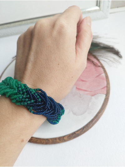 emerald blue braided beaded bracelet, chunky handmade bracelet 