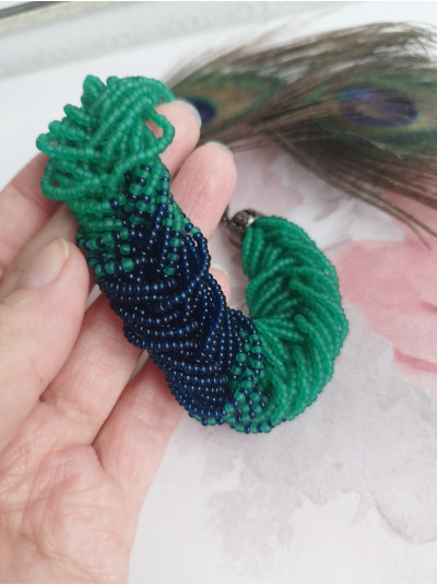 emerald blue braided beaded bracelet, chunky handmade bracelet 