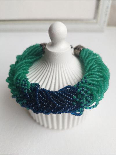 emerald blue braided beaded bracelet, chunky handmade bracelet 