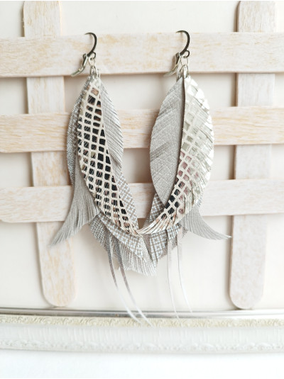 gray silver leather feather earrings - long boho jewelry  