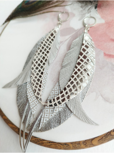 gray silver leather feather earrings - long boho jewelry  