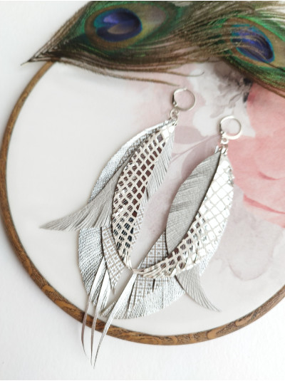 gray silver leather feather earrings - long boho jewelry  