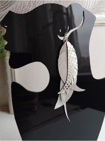 gray silver leather feather earrings - long boho jewelry  