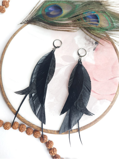 total black long leather feather earrings, genuine leather jewelry 
