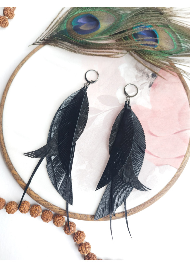 black long feathers earrings genuine leather jewelry  