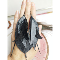 total black long leather feather earrings, genuine leather jewelry 