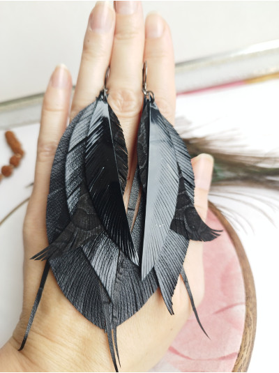 total black long leather feather earrings, genuine leather jewelry 