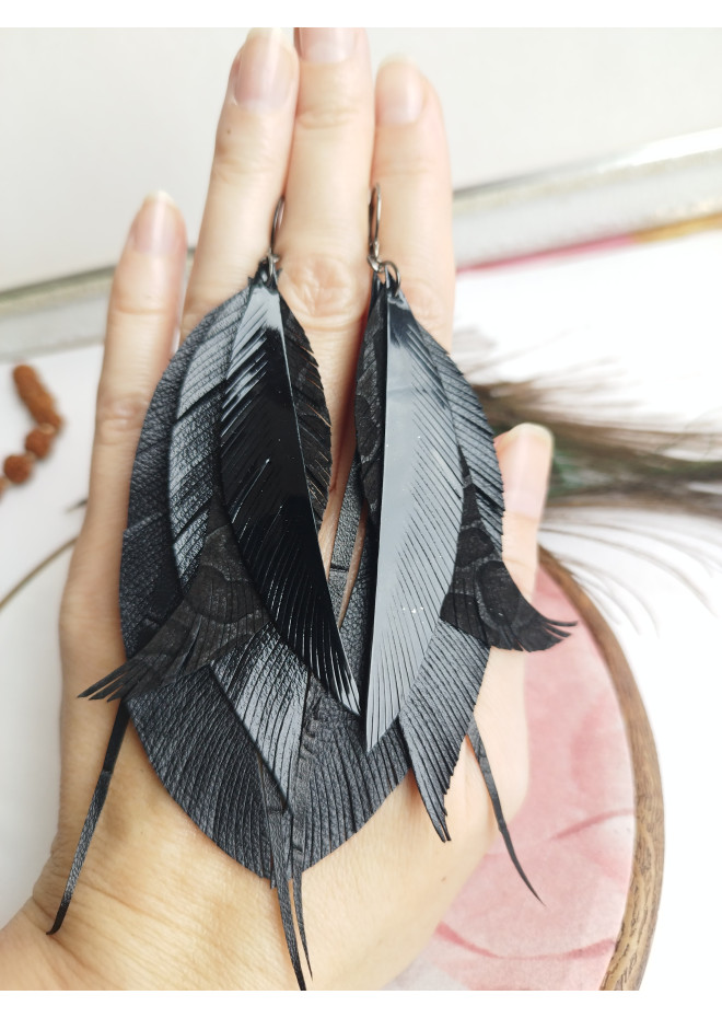 black long feathers earrings genuine leather jewelry  