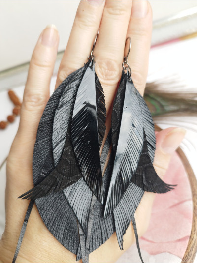 total black long leather feather earrings, genuine leather jewelry 