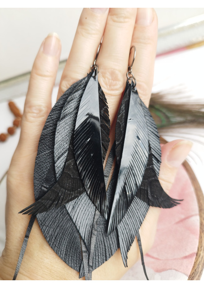 black long feathers earrings genuine leather jewelry  