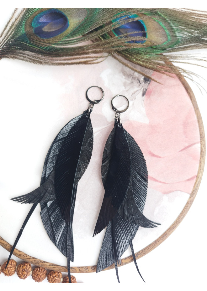 black long feathers earrings genuine leather jewelry  