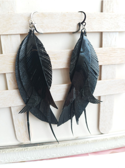 total black long leather feather earrings, genuine leather jewelry 