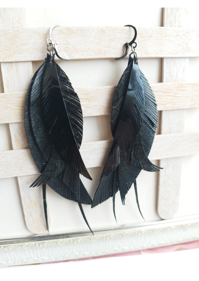 black long feathers earrings genuine leather jewelry  