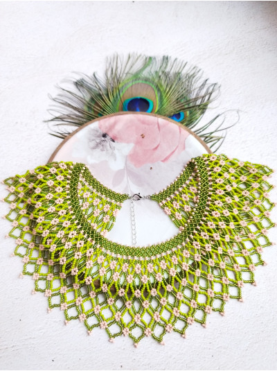 Lime Green collar beaded necklace, traditional Ukrainian beaded sylyanka