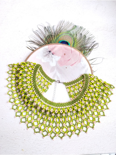 Lime Green collar beaded necklace, traditional Ukrainian beaded sylyanka