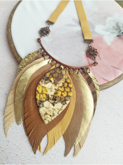 Sand brown leather feather necklace, bib evening jewelry 