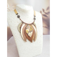 Sand brown leather feather necklace, bib evening jewelry 