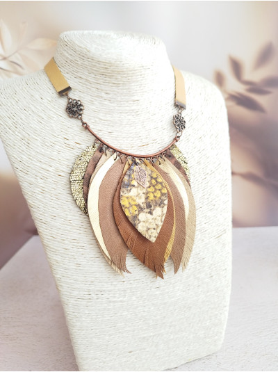 Sand brown leather feather necklace, bib evening jewelry 