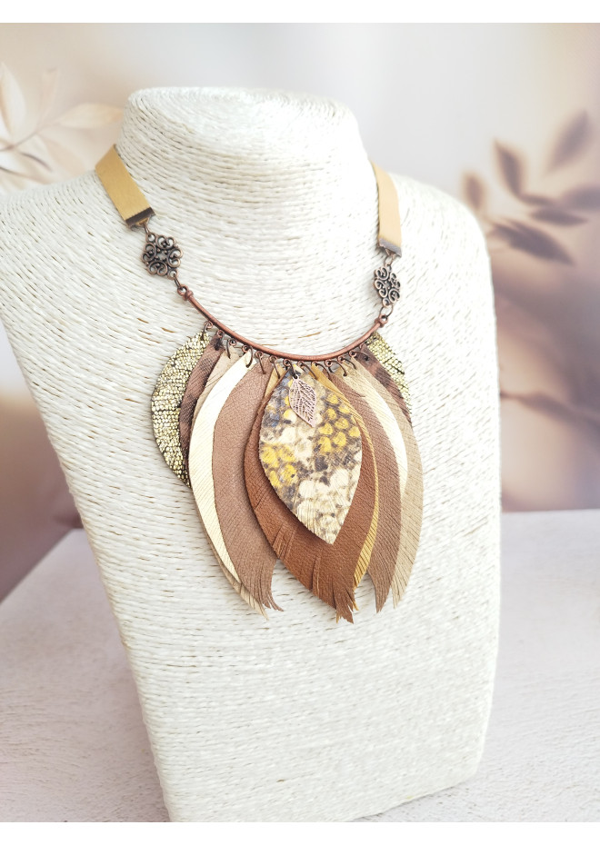 ginger brown leather feather necklace