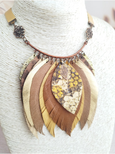 Sand brown leather feather necklace, bib evening jewelry 