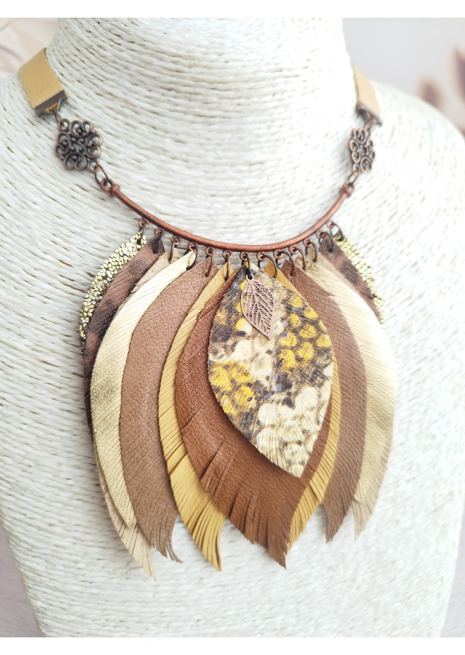 ginger brown leather feather necklace