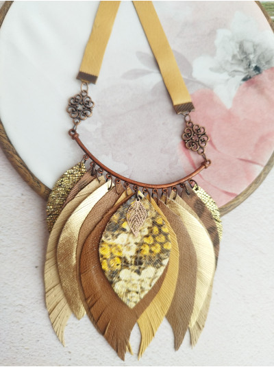 Sand brown leather feather necklace, bib evening jewelry 