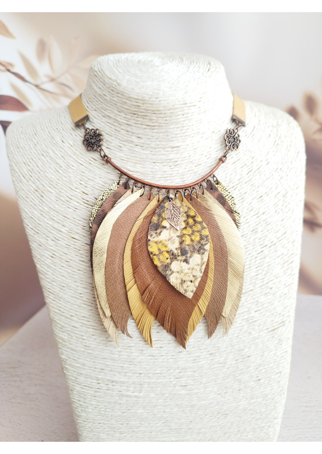 ginger brown leather feather necklace