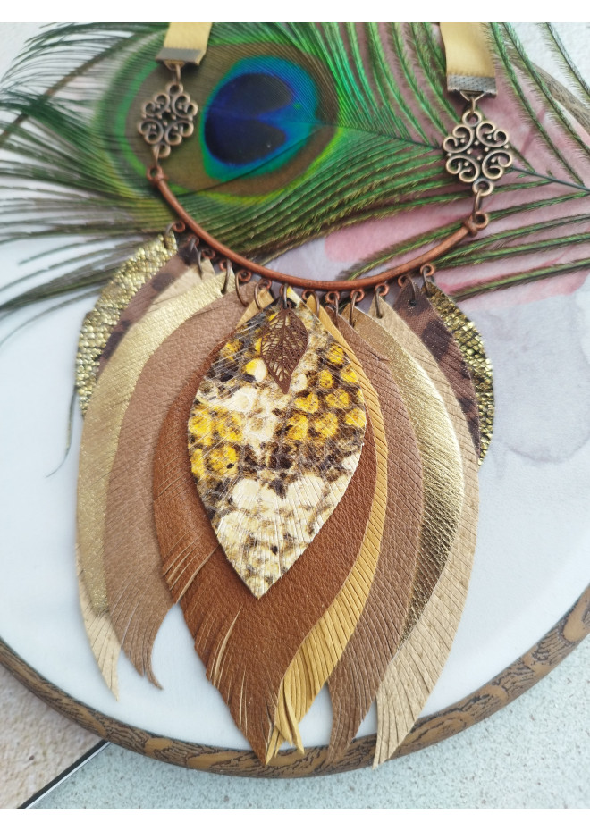 ginger brown leather feather necklace
