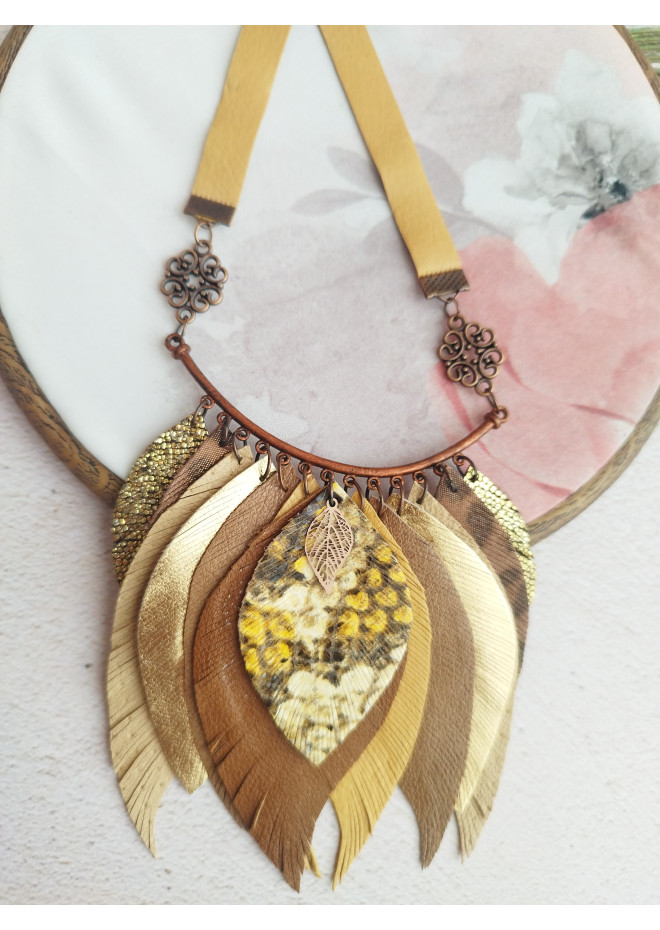 ginger brown leather feather necklace