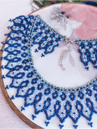 blue openwork beaded necklace, traditional Ukraine jewelry , ethnic  handmade sylanka