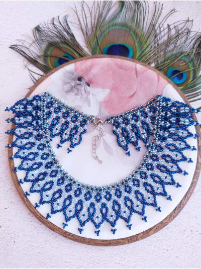 blue openwork beaded necklace, traditional Ukraine jewelry , ethnic  handmade sylanka