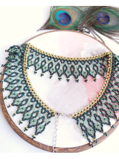 green openwork beaded necklace, traditional Ukraine jewelry , ethnic  handmade sylanka