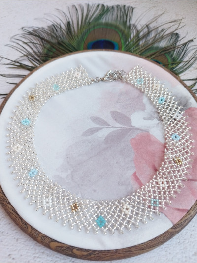 silver choker necklace, traditional Ukrainian beaded sylyanka.